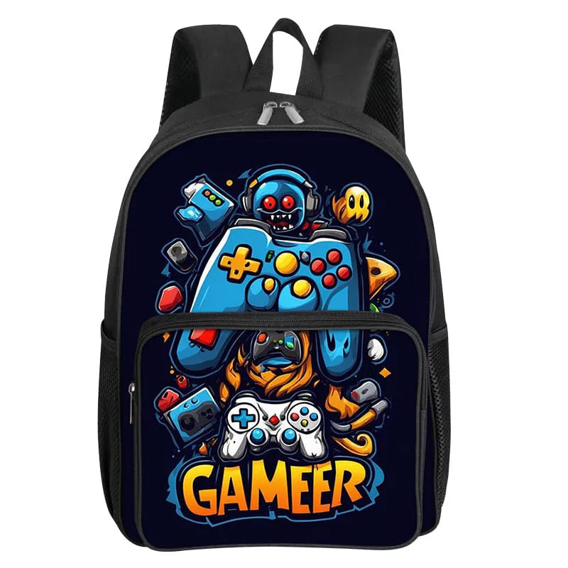 Children's Gamepad Print Backpack with Front Pocket and Twin Shoulder Straps