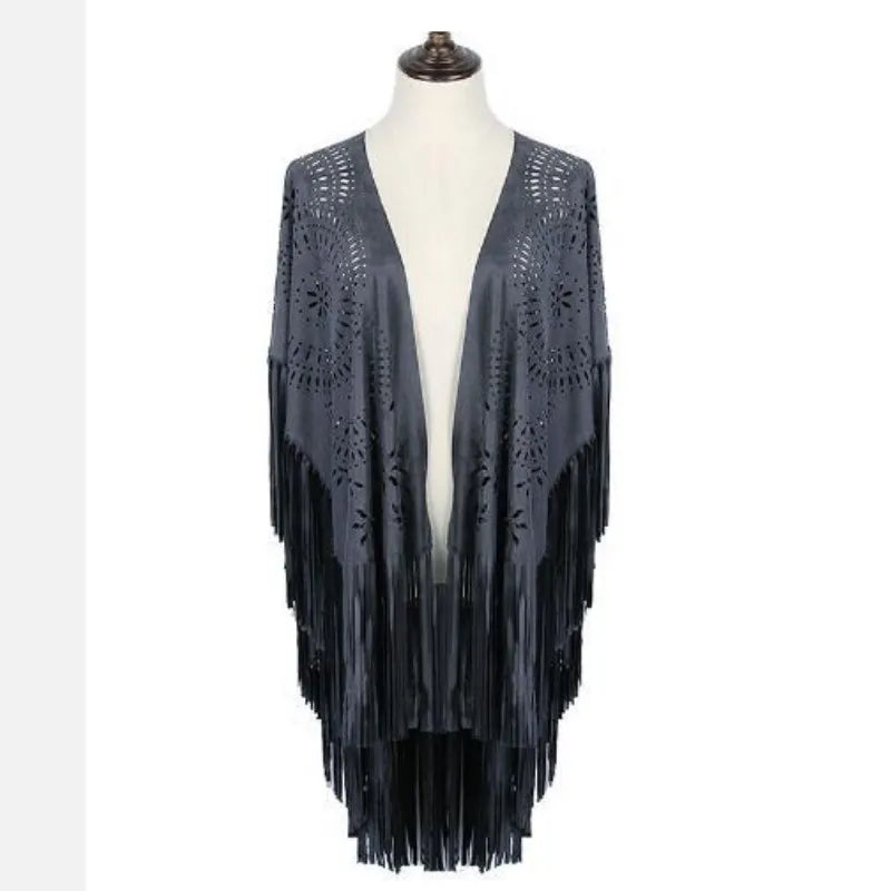 Floral Cutout Long Fringe Cape for Layering over Outfits