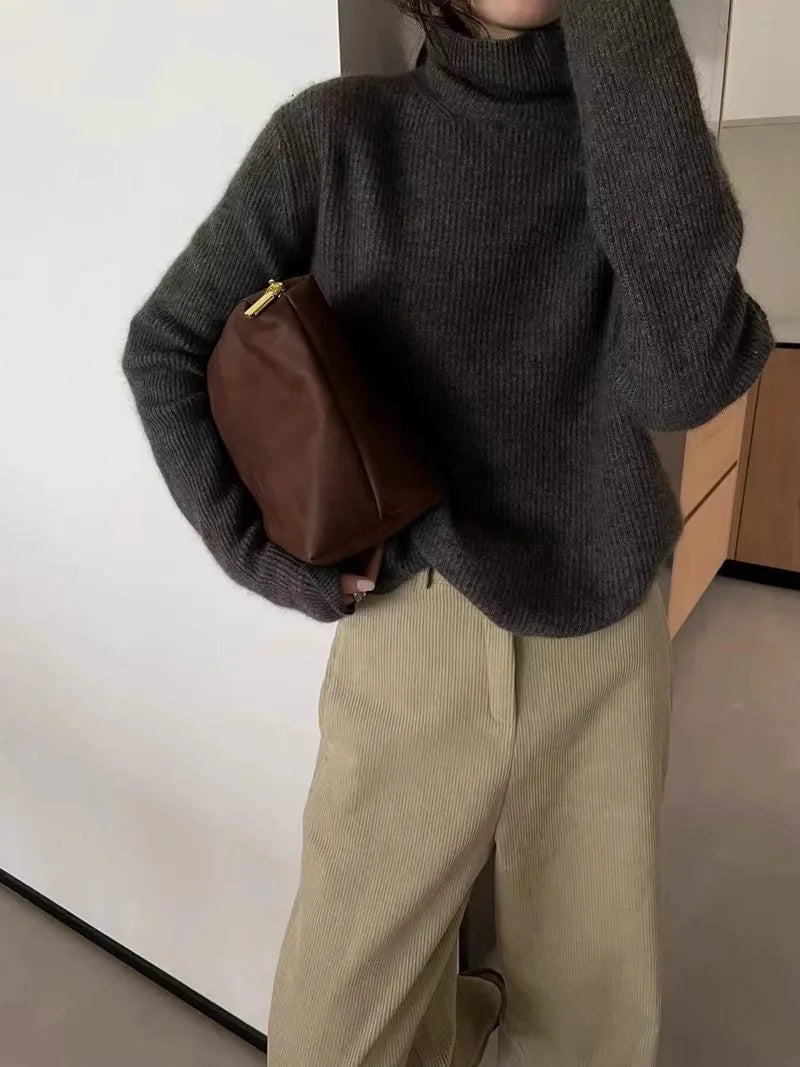 Foreign style autumn and winter turtleneck 100% pure cashmere sweater women lazy loose thick jumper knitted wool base shirt