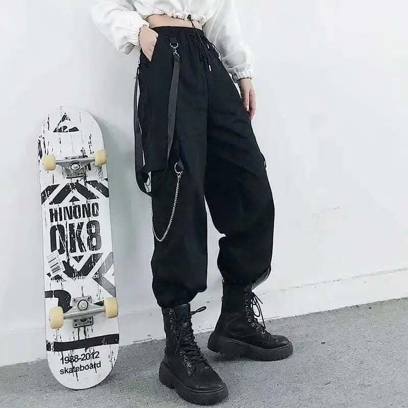 Women's Black Cargo Joggers with Chain and Strap Style Details
