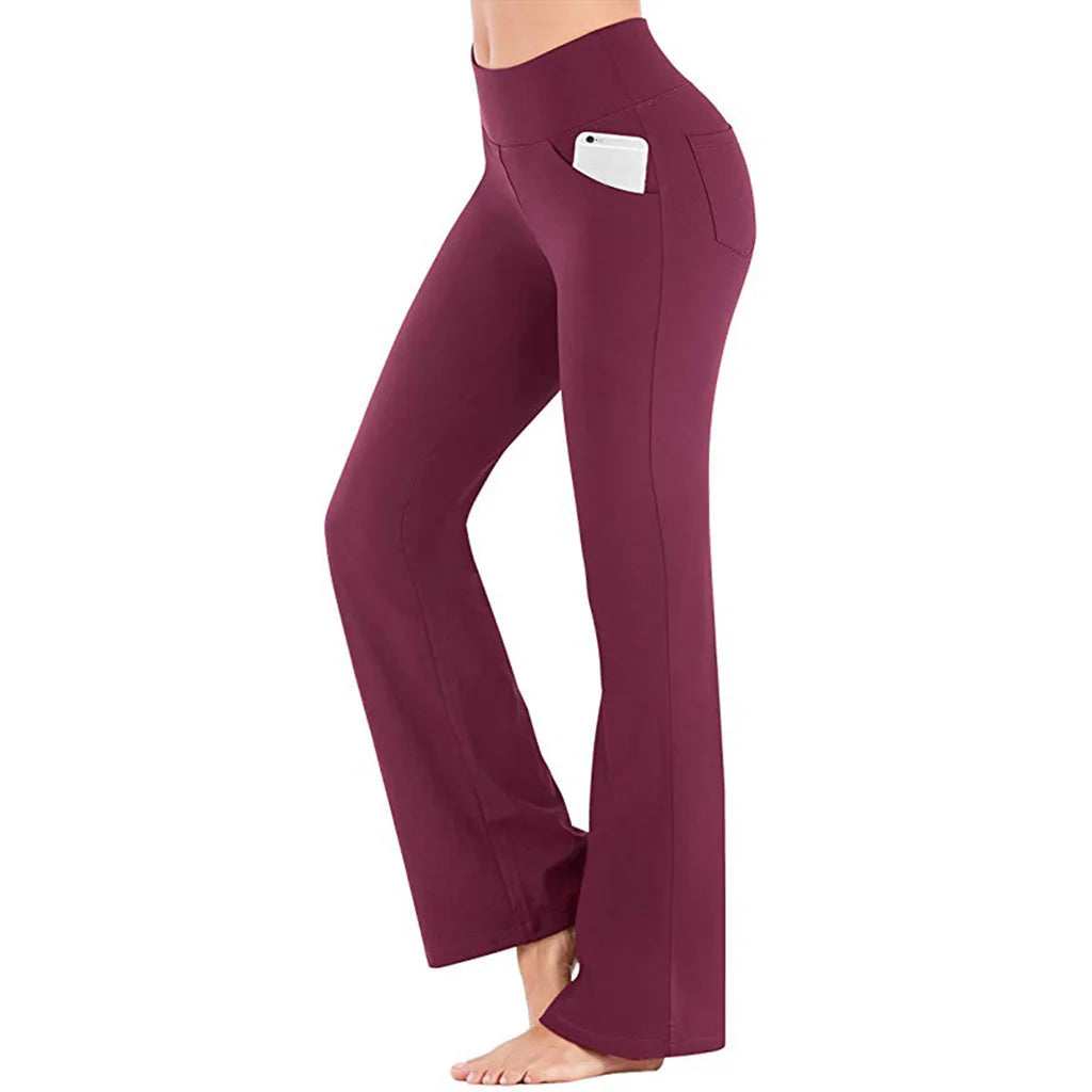 Women's High Waist Polyester Flared Workout Pants with Side Pockets