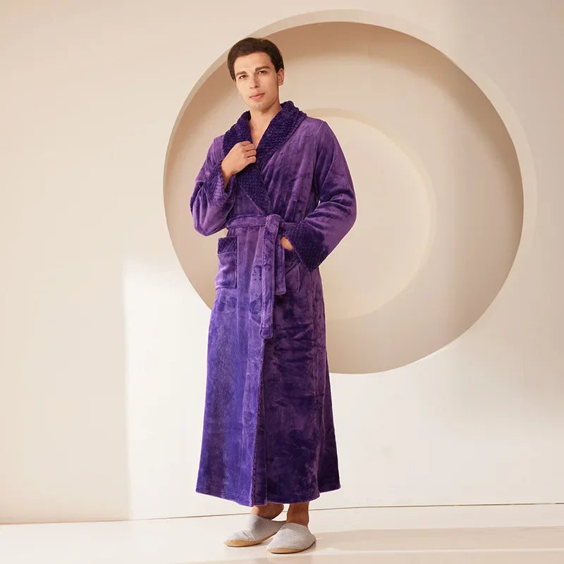 Long Flannel Fleece Tie Waist Bathrobe with Pockets