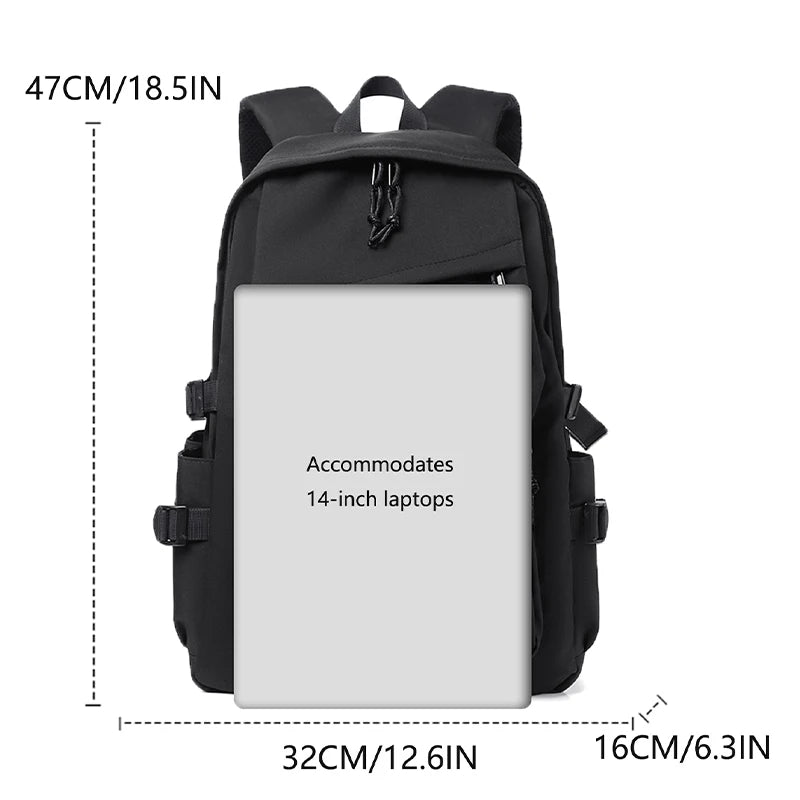 Plain Laptop Backpack with Multiple Pockets and Side Buckle Strap Details