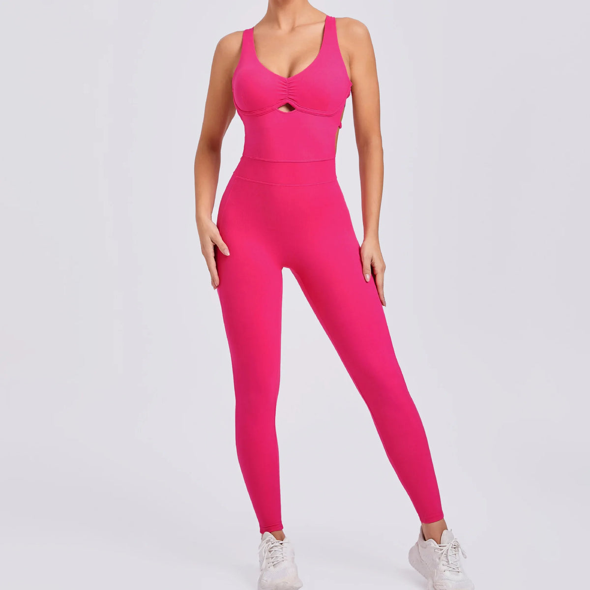 Women's Sleeveless Nylon Blend Workout Jumpsuit with Front Keyhole and Fitted Legs