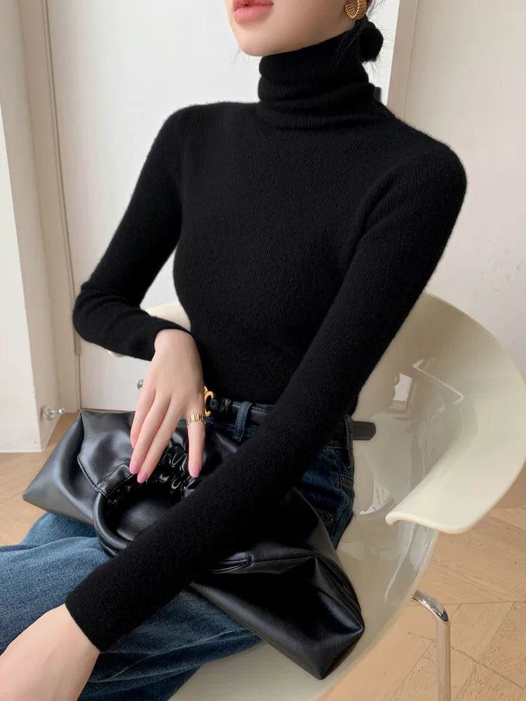 Women's Fitted Roll Neck Long Sleeve Sweater Casual Knit Layer