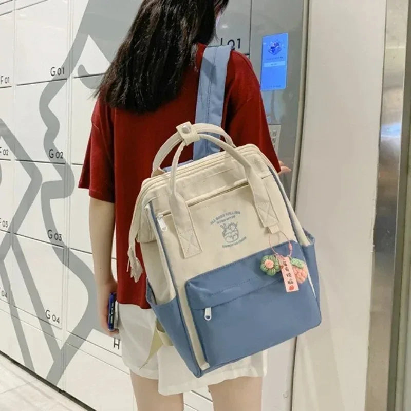 Colour Block Student Backpack with Twin Handles and Front Zipper Pocket