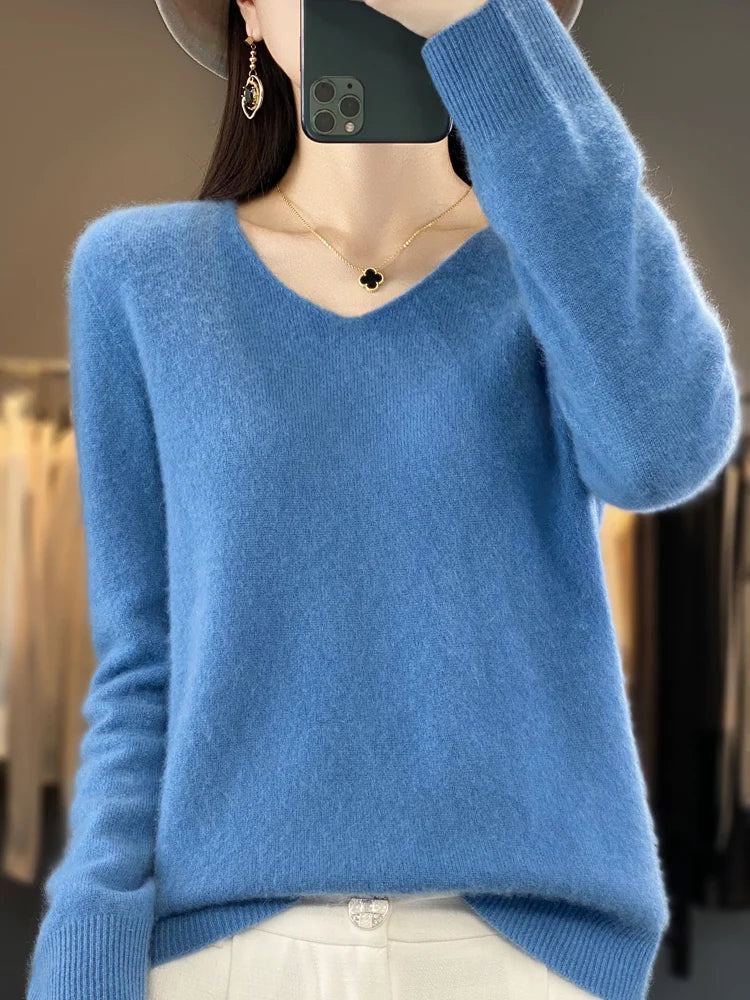 Women's V Neck Long Sleeve Sweater Casual Knit Layer
