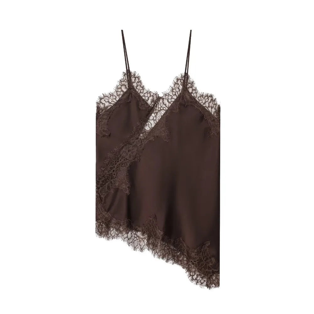 Women's V-Neck Camisole with Lace Trim and an Asymmetric Hem