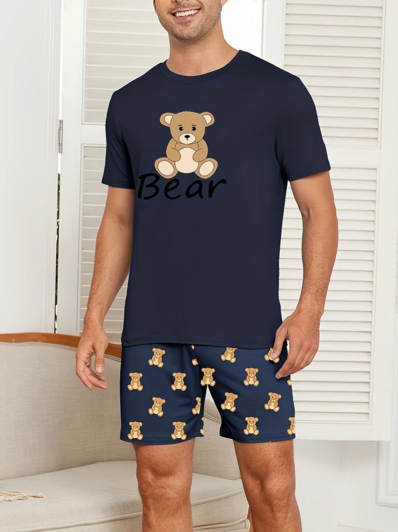 Men's Bear Print T Shirt and Shorts Pajama Set