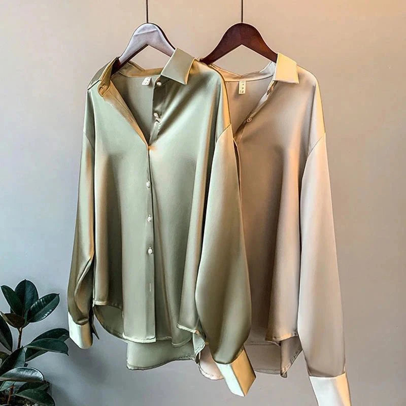 Women's Satin Look Long Sleeve Button Front Shirt