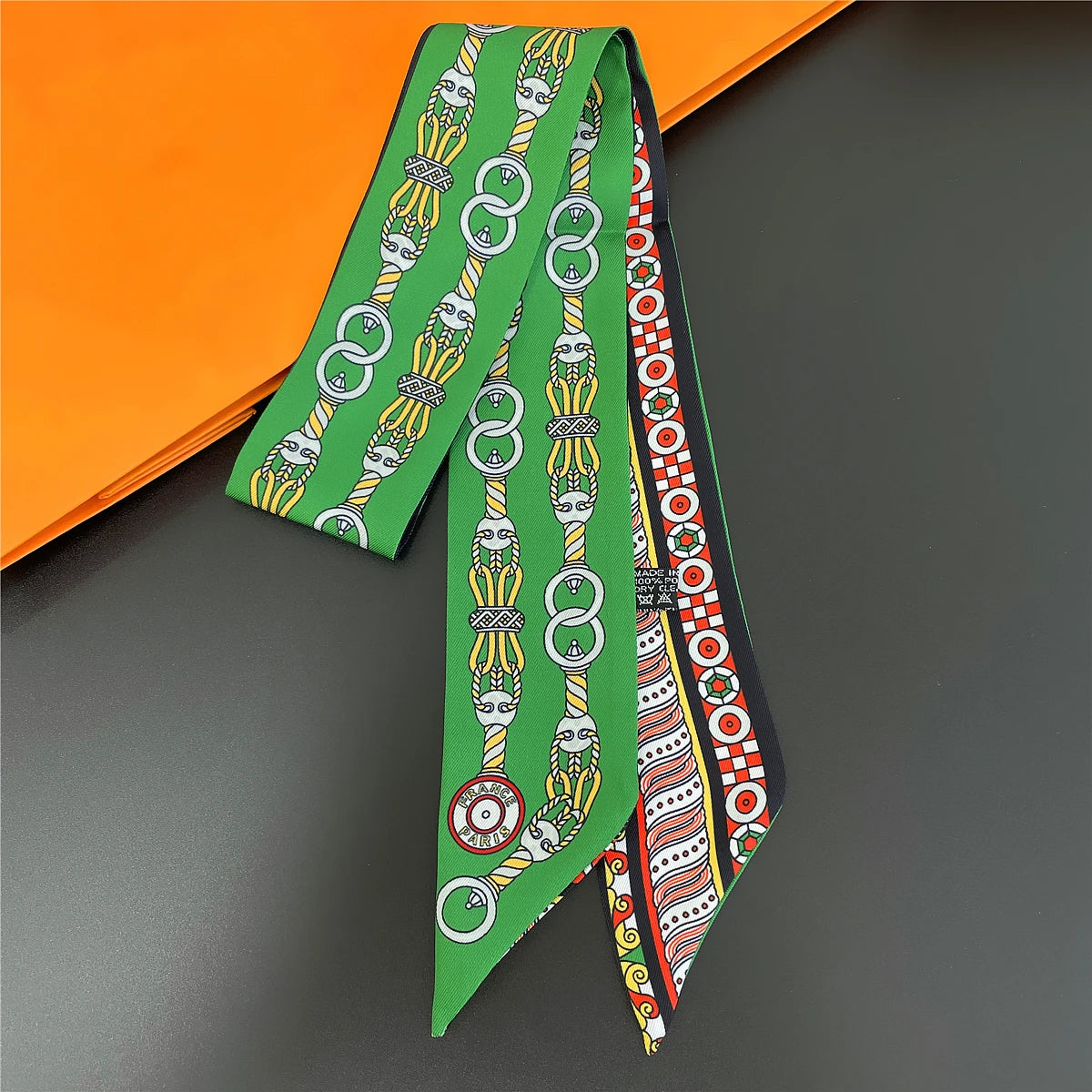 Colorful Printed Skinny Ribbon Scarf with Tie Ends