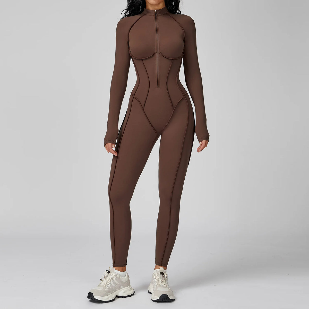 Women's Long Sleeve Zip Front Workout Jumpsuit with Contour Seams