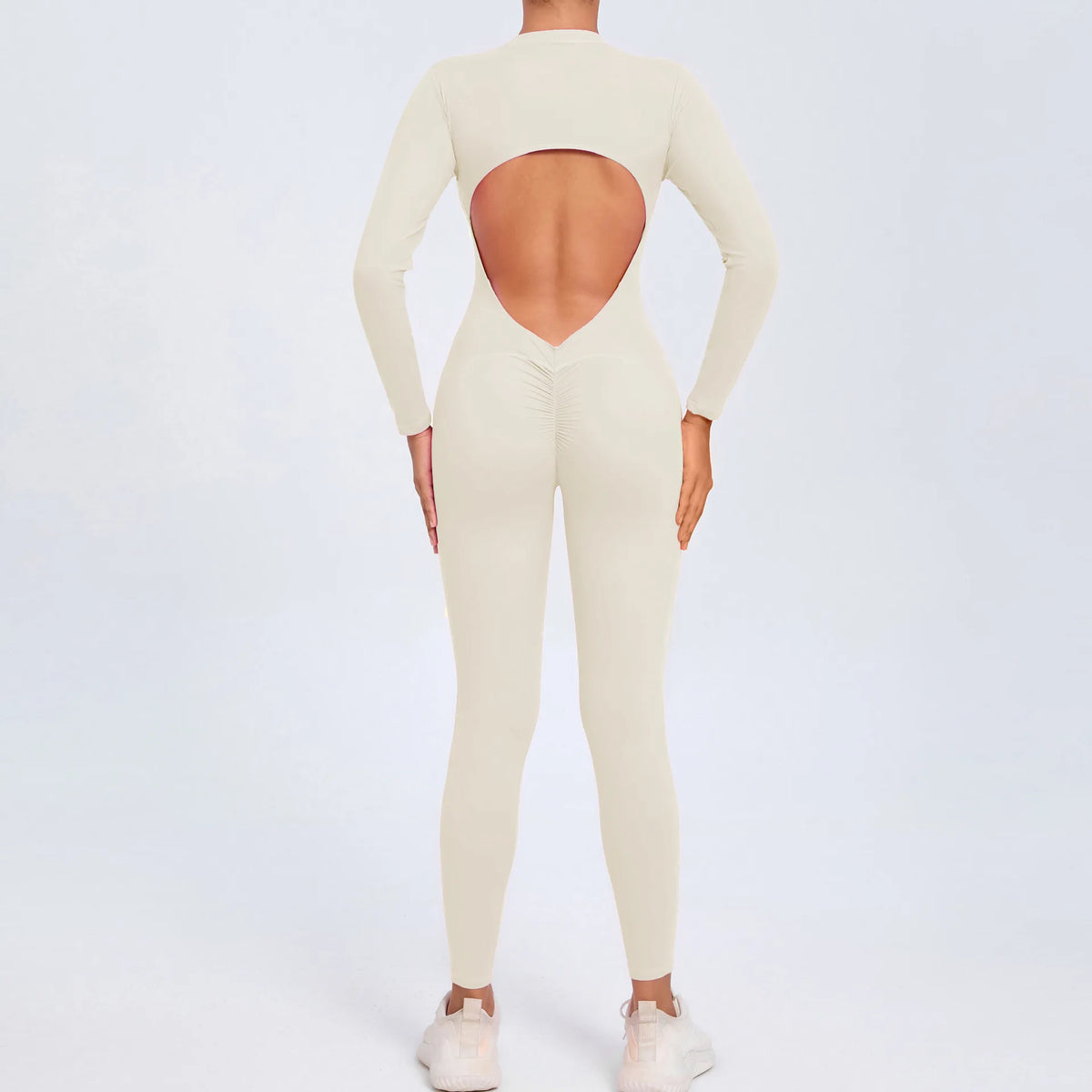 Women's Long Sleeve Nylon Blend Workout Jumpsuit with Zipper and Open Back