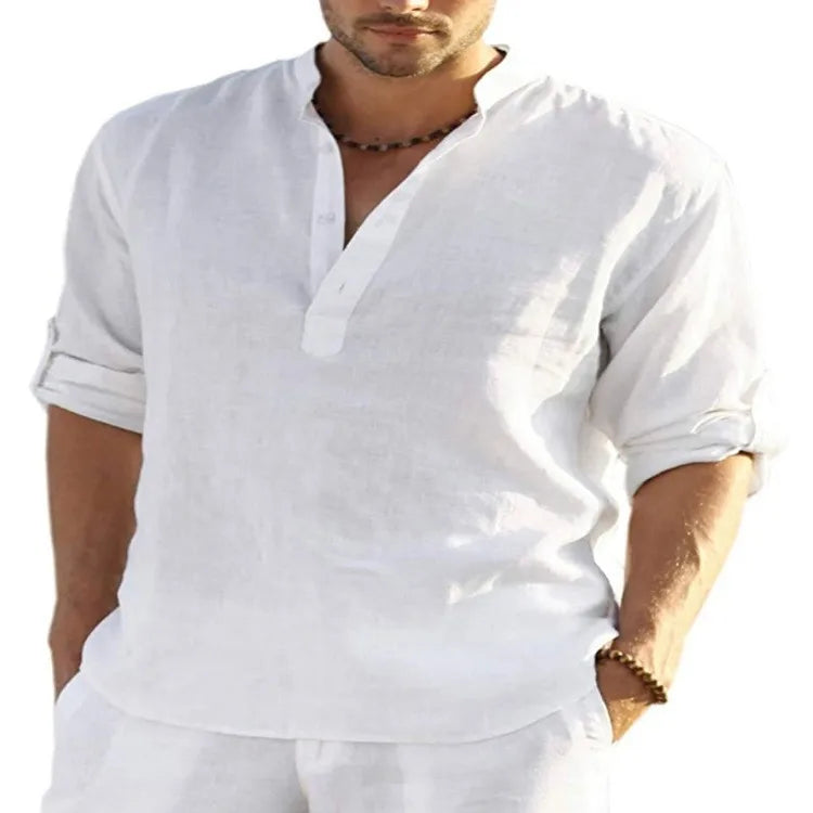 Men's Stand-Collar Long-Sleeve Pullover Shirt with Short Button Placket for Casual Outfits