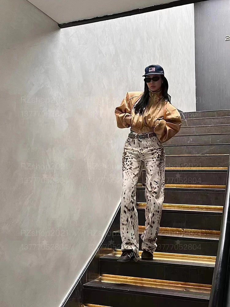 Women's Mottled Animal Print Loose Fit Denim Jeans
