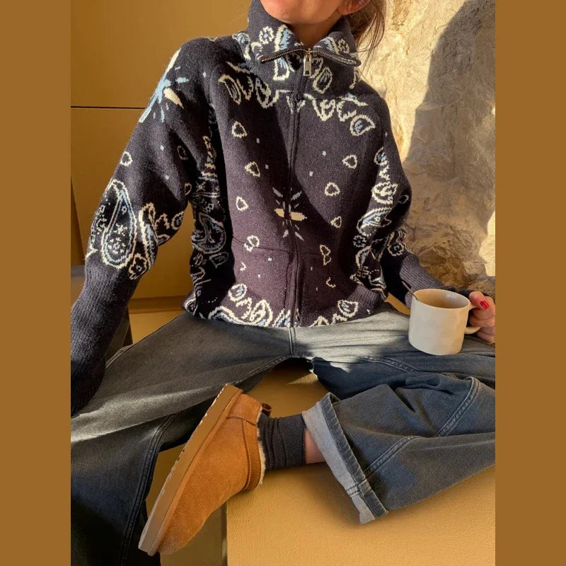 Women's Paisley Stand Collar Zip Front Cardigan Casual Knit Layer