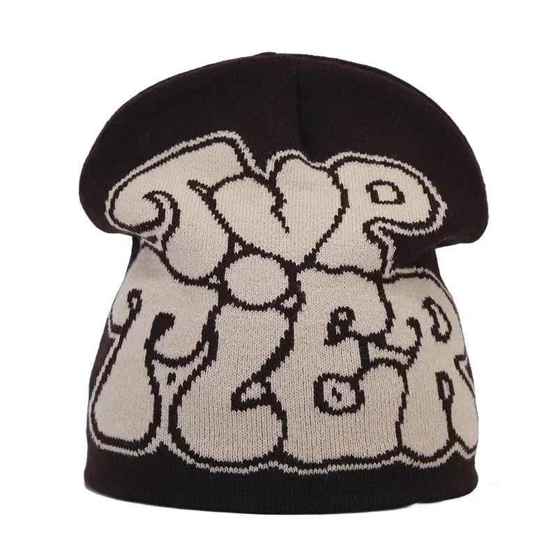 Graphic Knit Beanie with Letter and Pattern Style Options