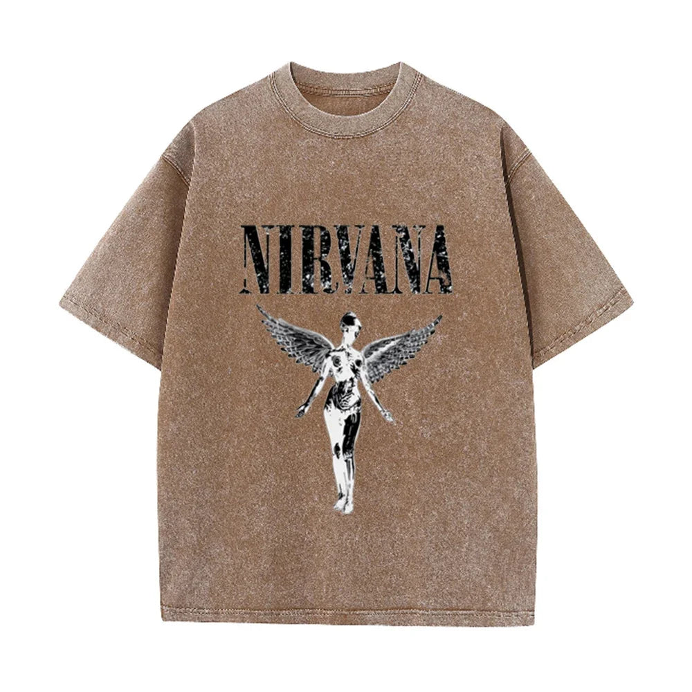 Vintage Distressed Washed Tee Nirvana Grunge Rock Silver Angel Skeleton Print Loose Fit Short Sleeve T Shirts