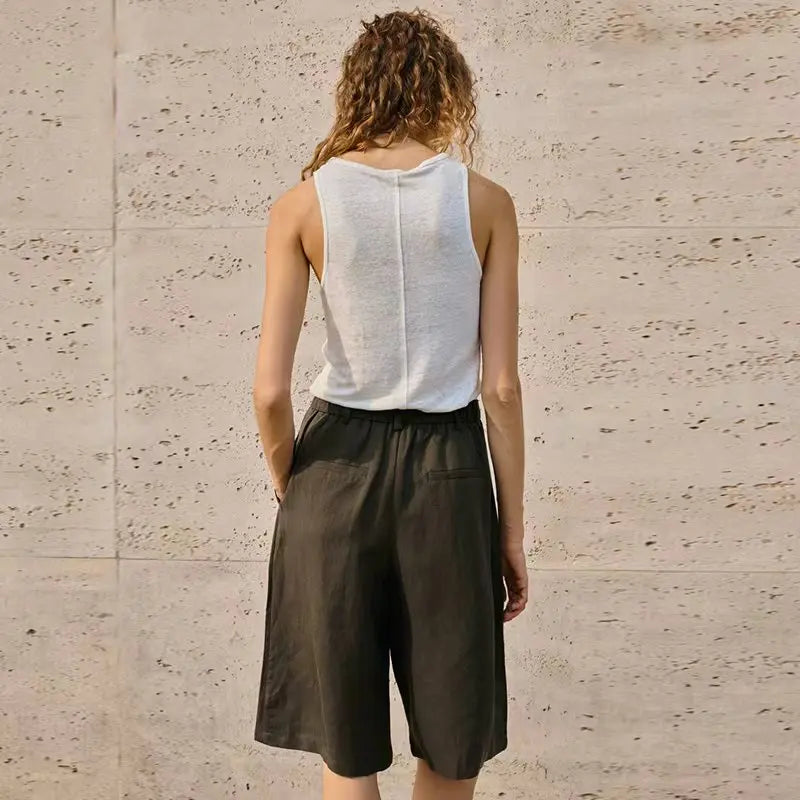 Women's Linen-Lyocell-Cotton High-Waist Loose Knee-Length Shorts with Side Pockets and Zipper Fly