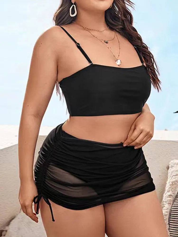 Women's Strappy Bandeau Bikini Set with Ruched Mesh Shorts