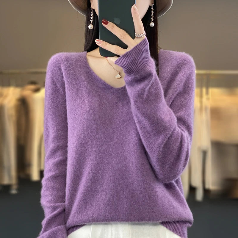 Women's V Neck Long Sleeve Sweater Casual Knit Layer