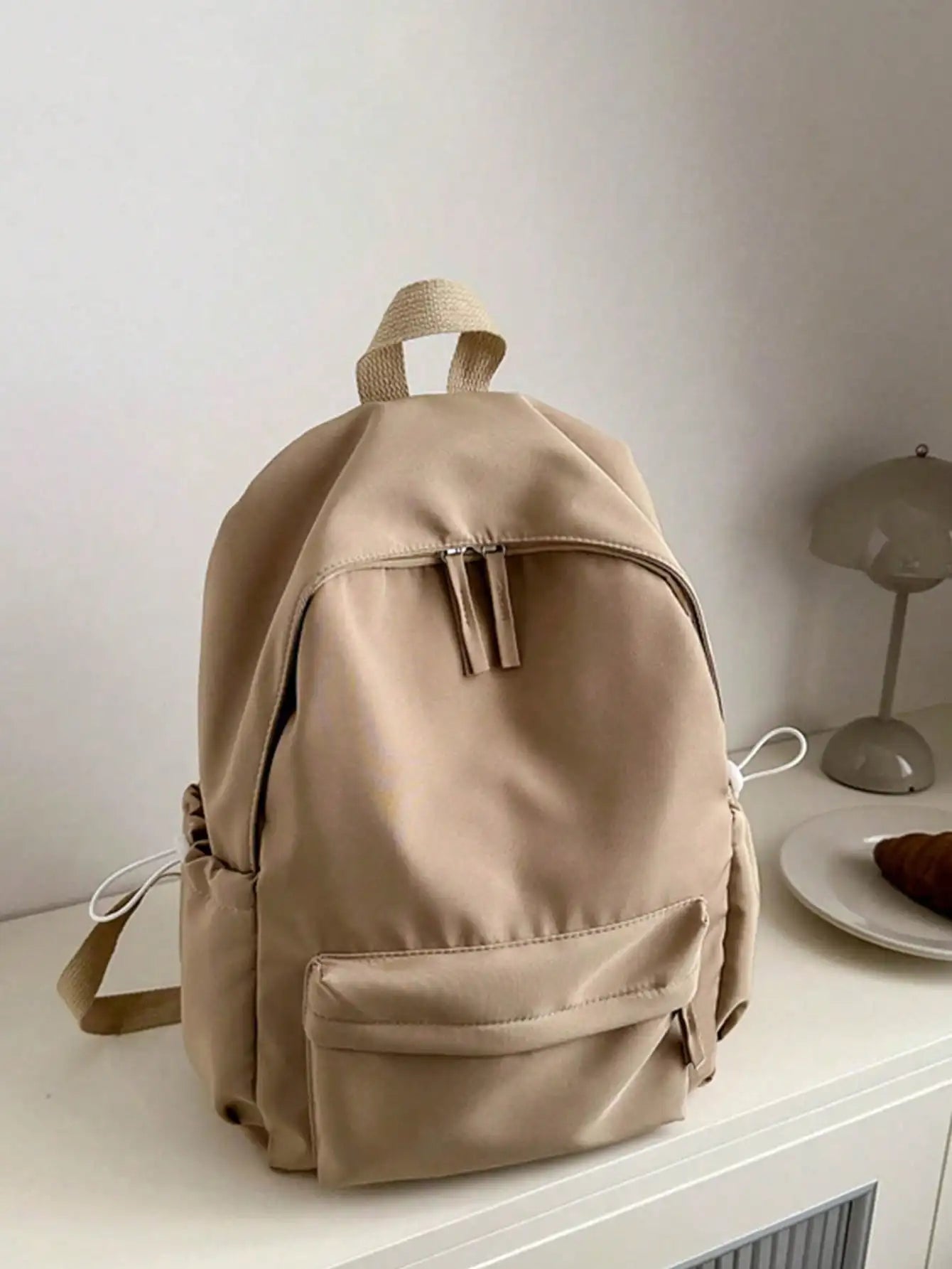 Solid Colour Student Backpack with Front Zipper Pocket and Top Handle