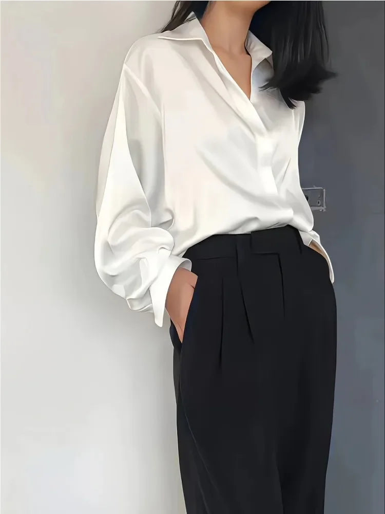 Women's Long Sleeve Button Front Satin Look Shirt