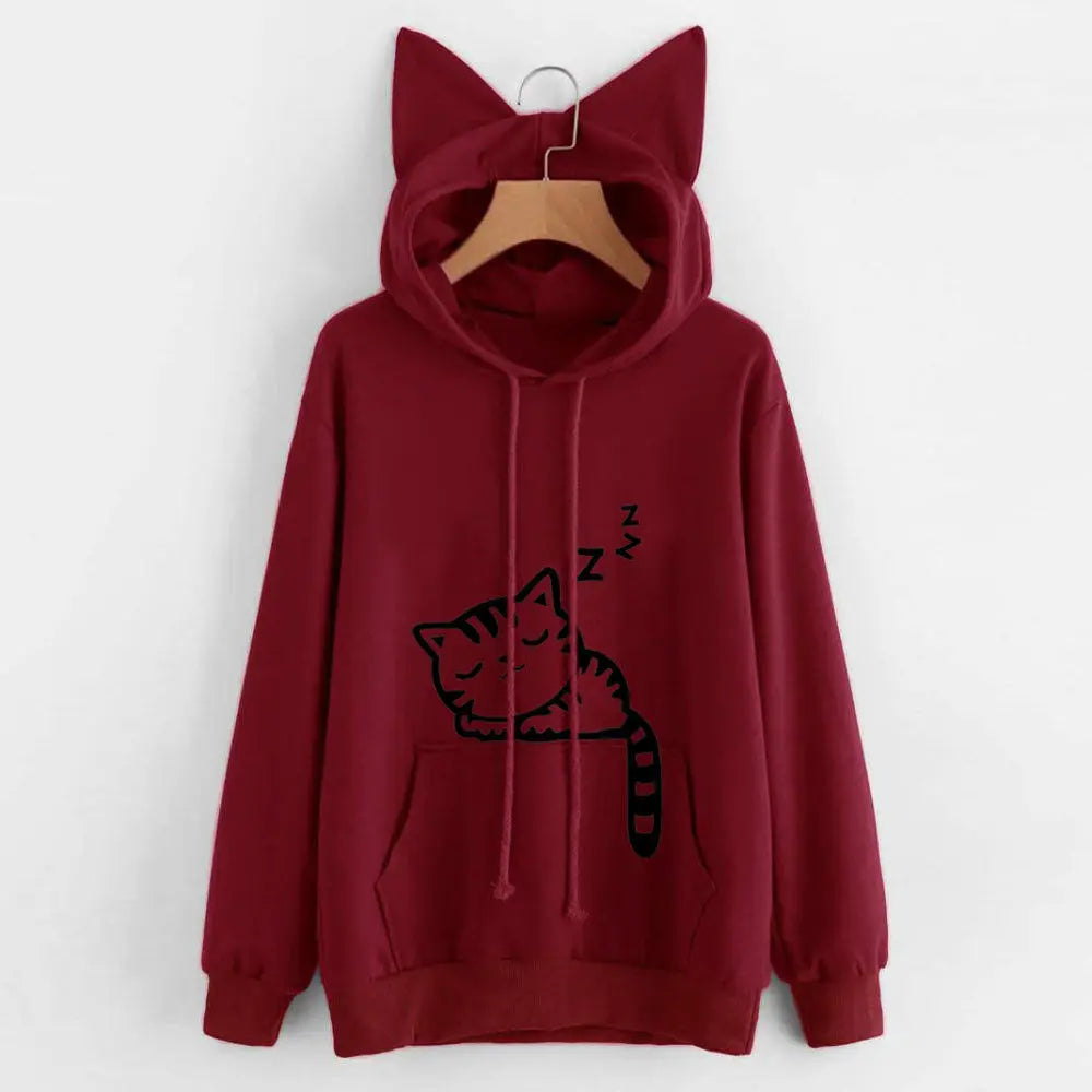 Cat Graphic Long Sleeve Pullover Casual Hoodie for Layering