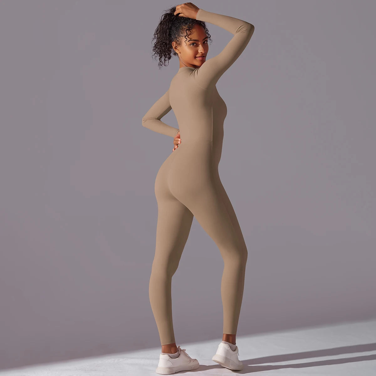 Women's Long Sleeve Nylon Blend Workout Jumpsuit with Round Neck