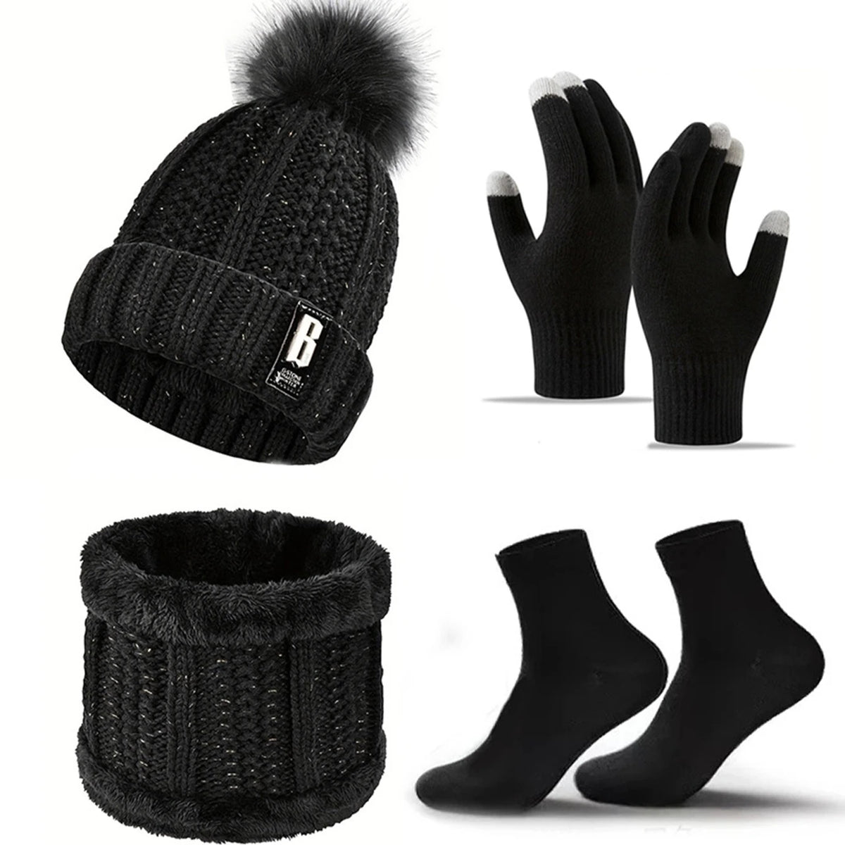 Winter Beanie Hat Gloves Scarf and Socks Set for Adult Wear