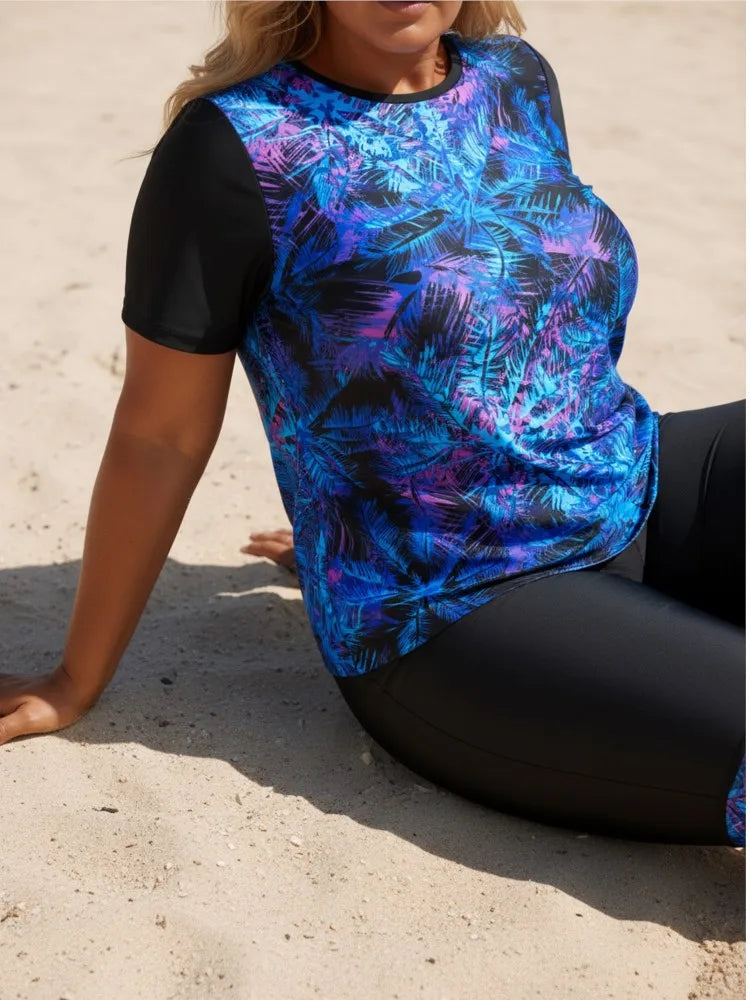 Women's Printed Short Sleeve Swim Top and Long Shorts Set