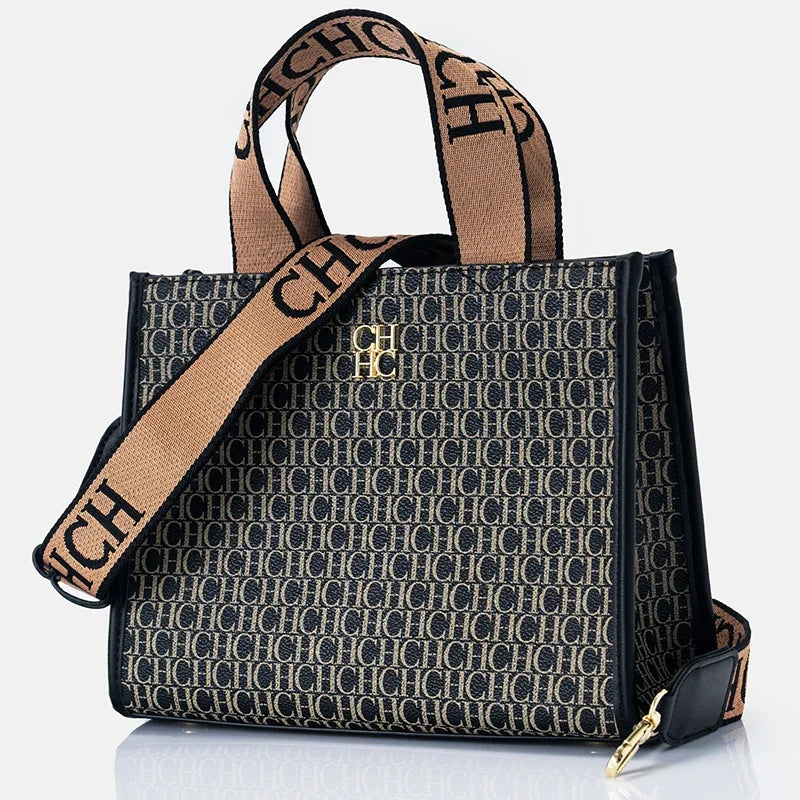 Women's Monogram Tote Handbag with Carry Handles and Shoulder Strap