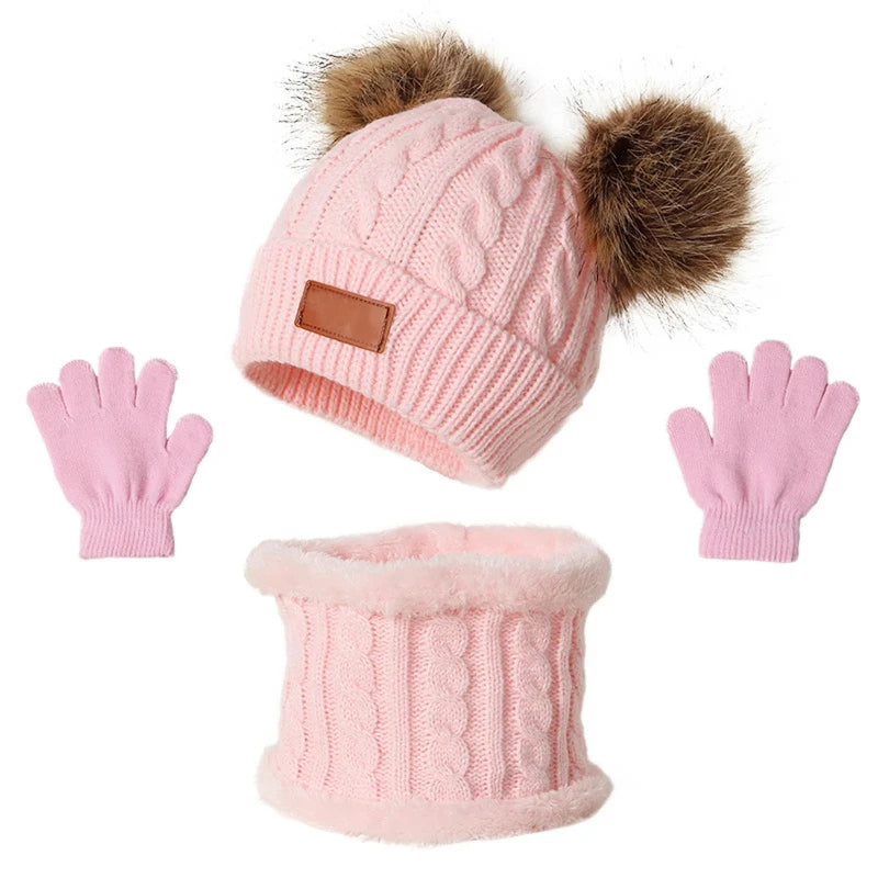 Children's Pom-Pom Hat Scarf and Gloves Knitted Set for Winter Wear