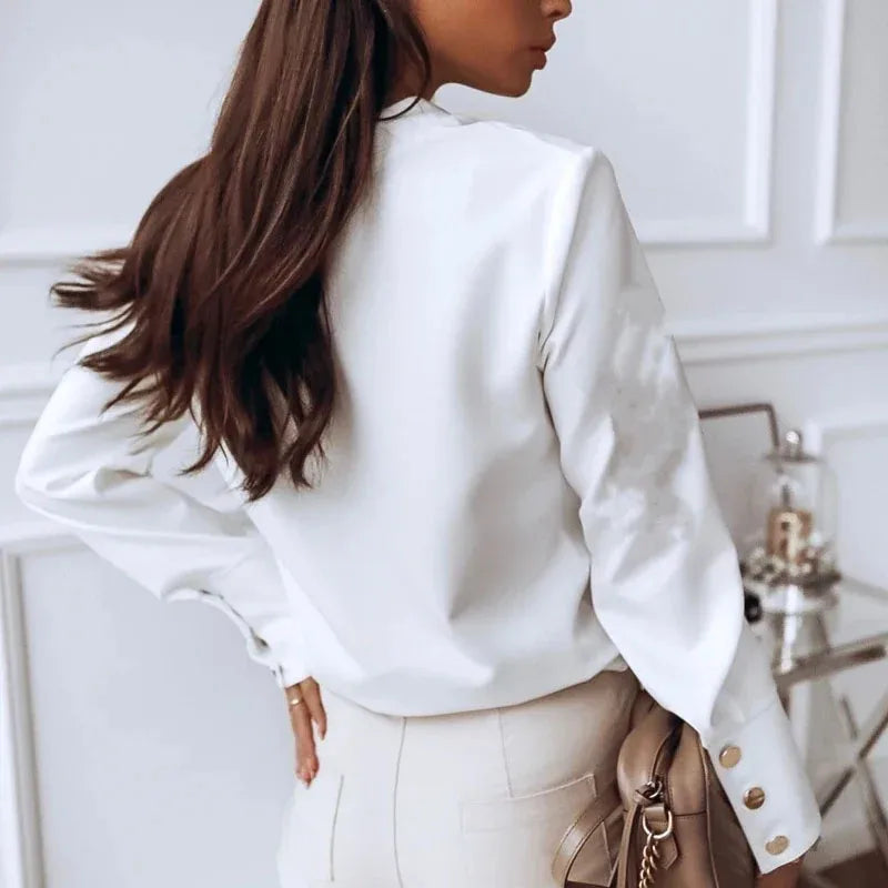 Women's Stand Collar Shirt with Decorative Cuff Buttons
