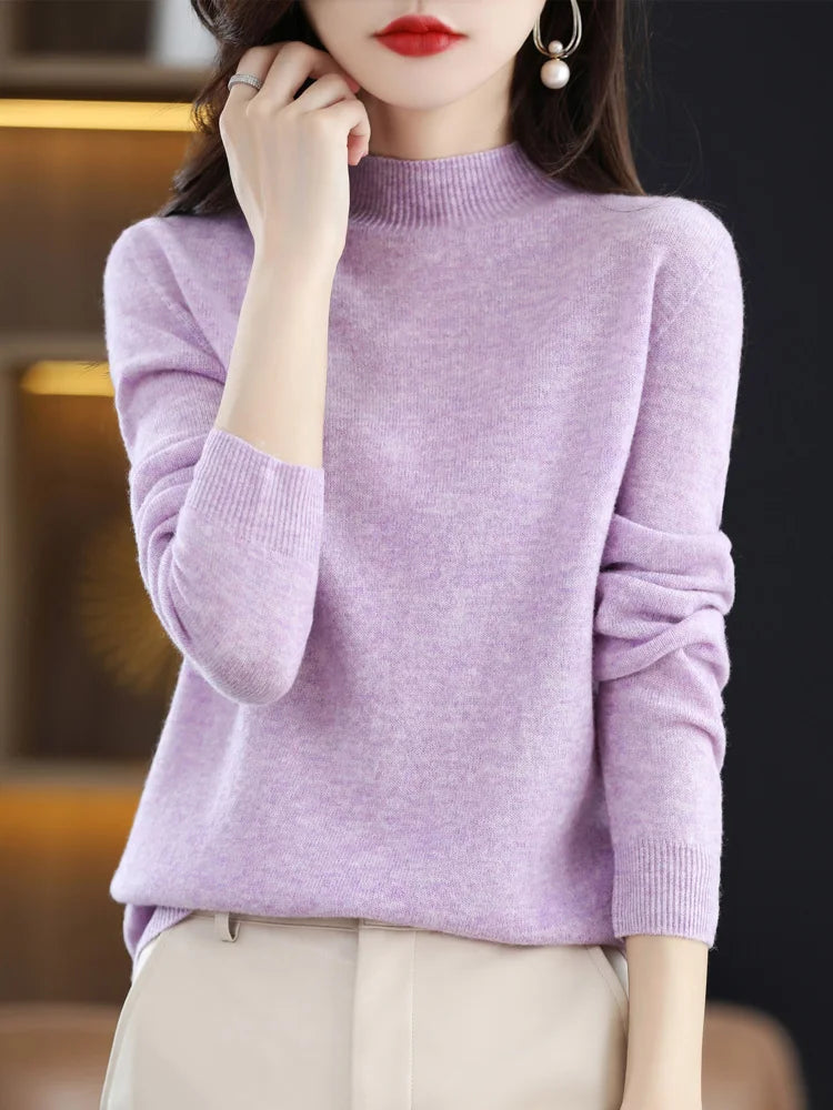 Women's Plain Mock Neck Long Sleeve Sweater Casual Knit Layer