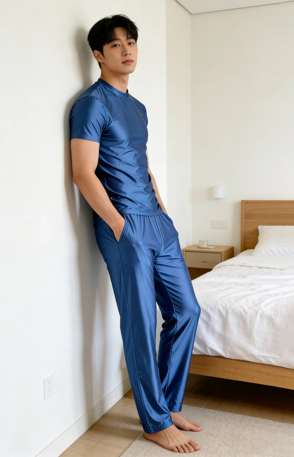 Men's Glossy Short Sleeve T-Shirt with Separate Bottom Options