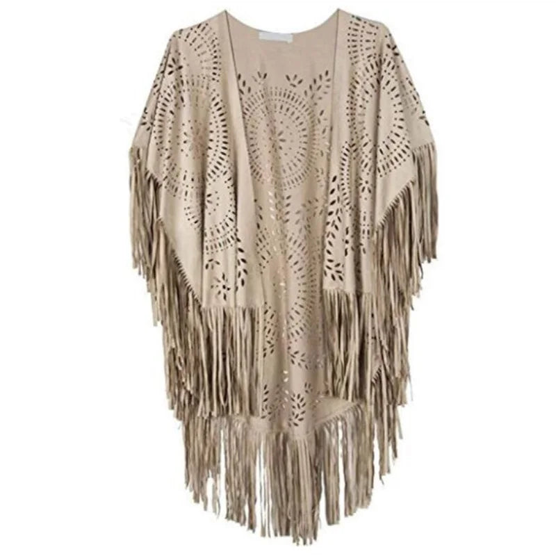 Floral Cutout Long Fringe Cape for Layering over Outfits