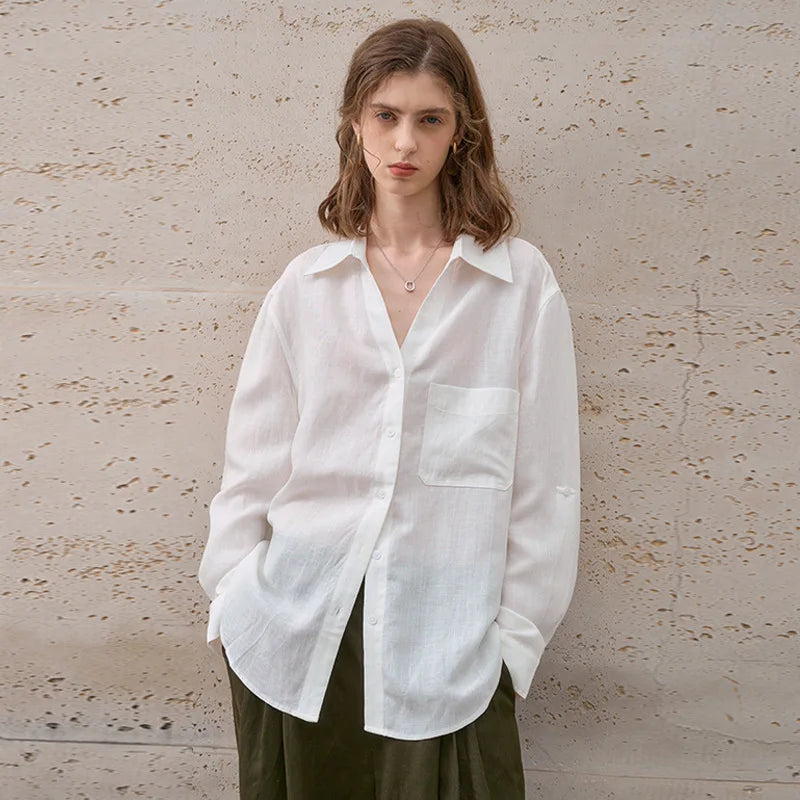 Women's Linen Long-Sleeve Loose Collared Button-Up Shirt with Pockets for Casual Outfits