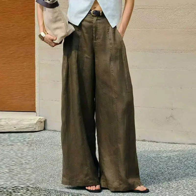 Women's Linen High-Waist Loose Wide-Leg Full-Length Pants with Pockets and Zipper Fly