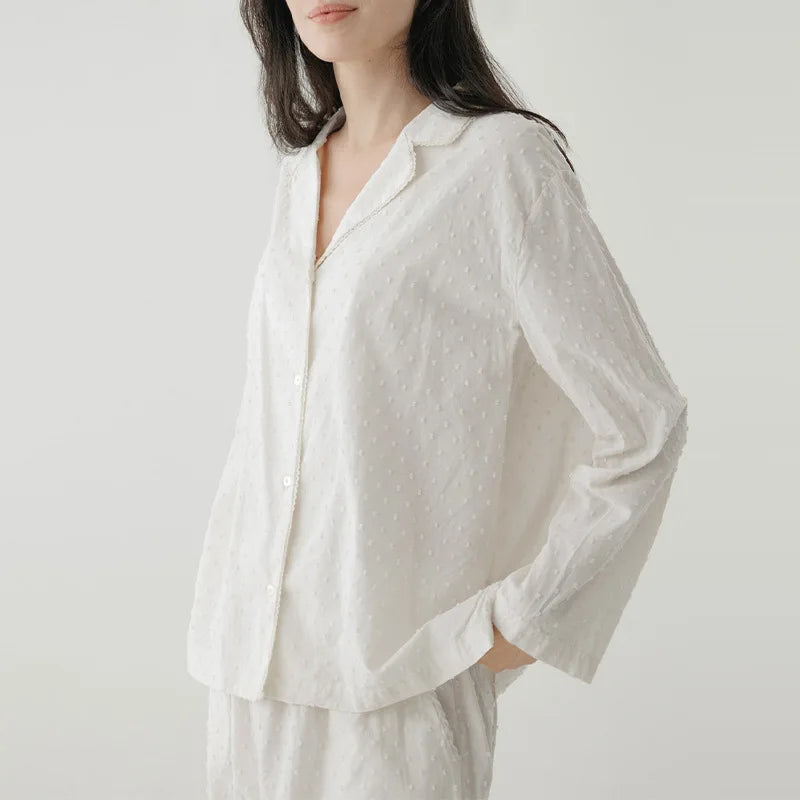 Women's Cotton Pajama Set with Long-Sleeve Collared Top and Full-Length Matching Pants