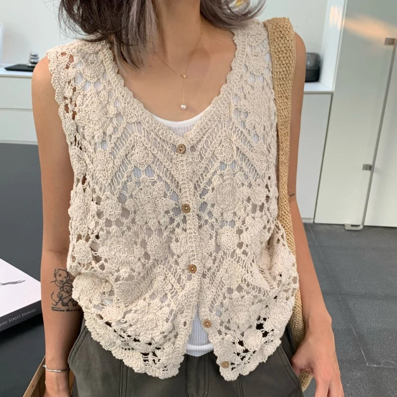 Women's Floral Open Knit Sleeveless Vest Casual Knit Layer