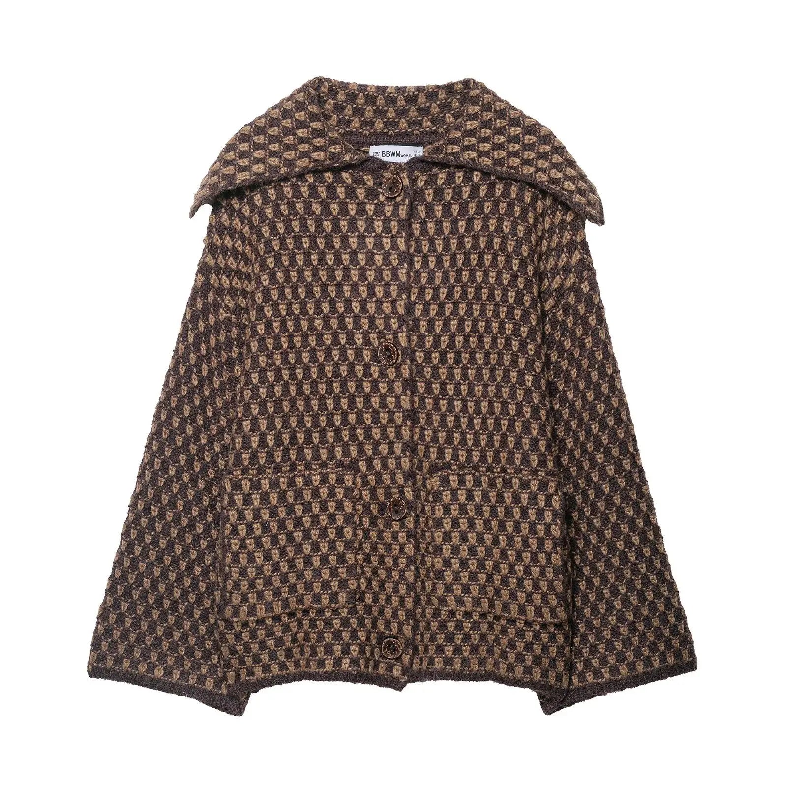 Women's Checked Button Front Shoulder Cape Cape Casual Knit Layer