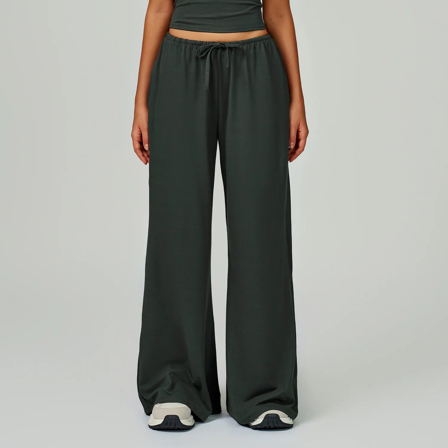 Women's Drawstring Waist Polyester Blend Palazzo Pants with Loose Wide Legs