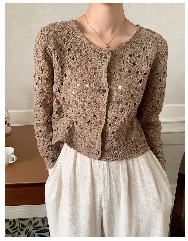 Women's Open Knit Cropped Button Front Cardigan Casual Knit Layer