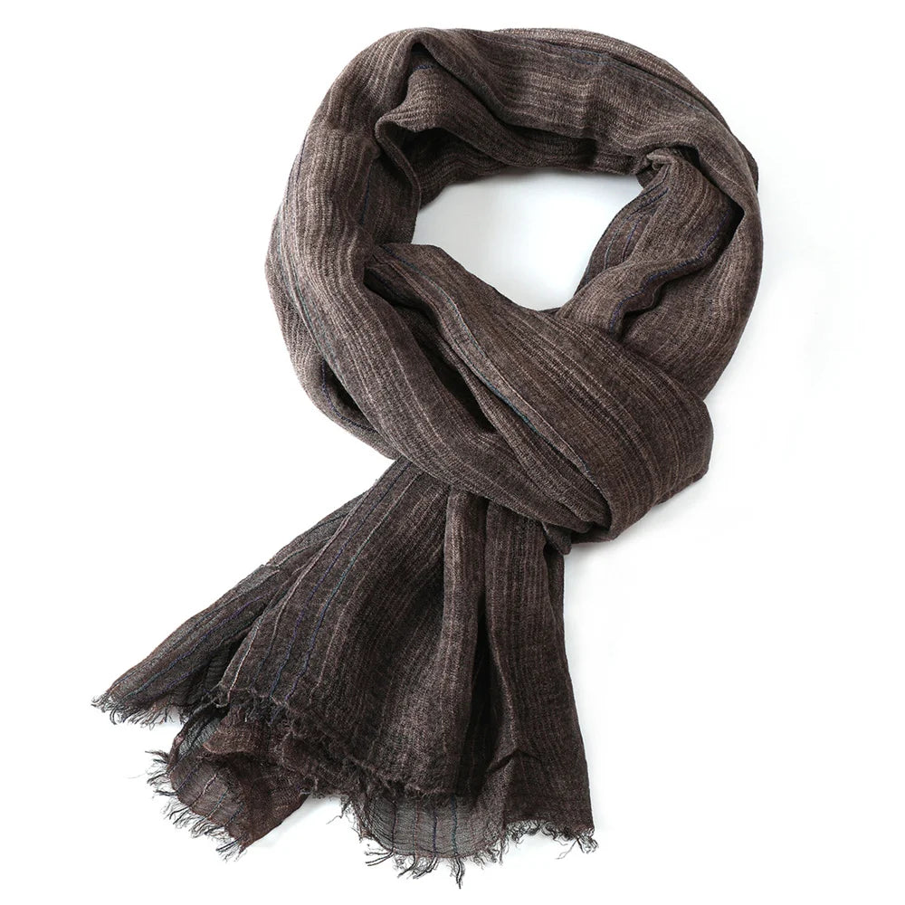 Striped Long Scarf with Decorative Frayed End Trim