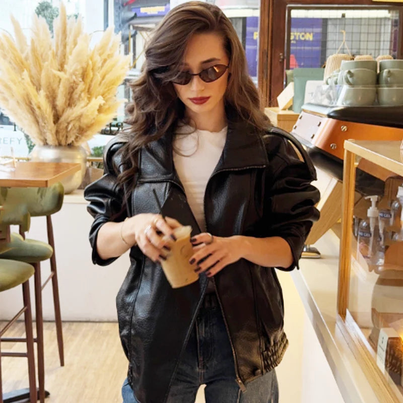 Women's Cropped Leather-Look Zip-Front Jacket