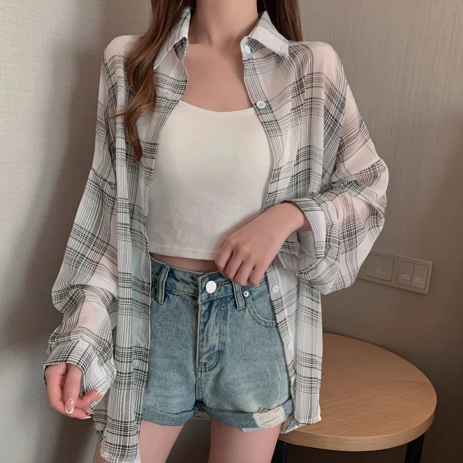 Women's Sheer Checked Short Sleeve Button Front Shirt