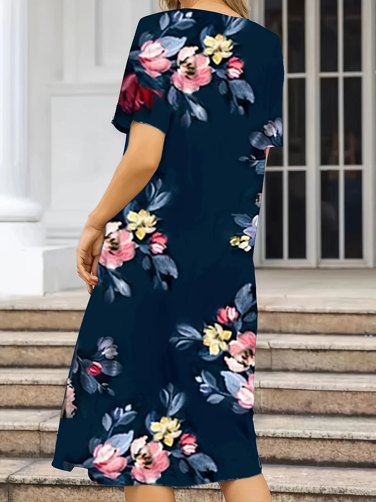 Women's Polyester Floral-Print Short-Sleeve Round-Neck A-Line Knee-Length Dress for Casual Everyday Outfits