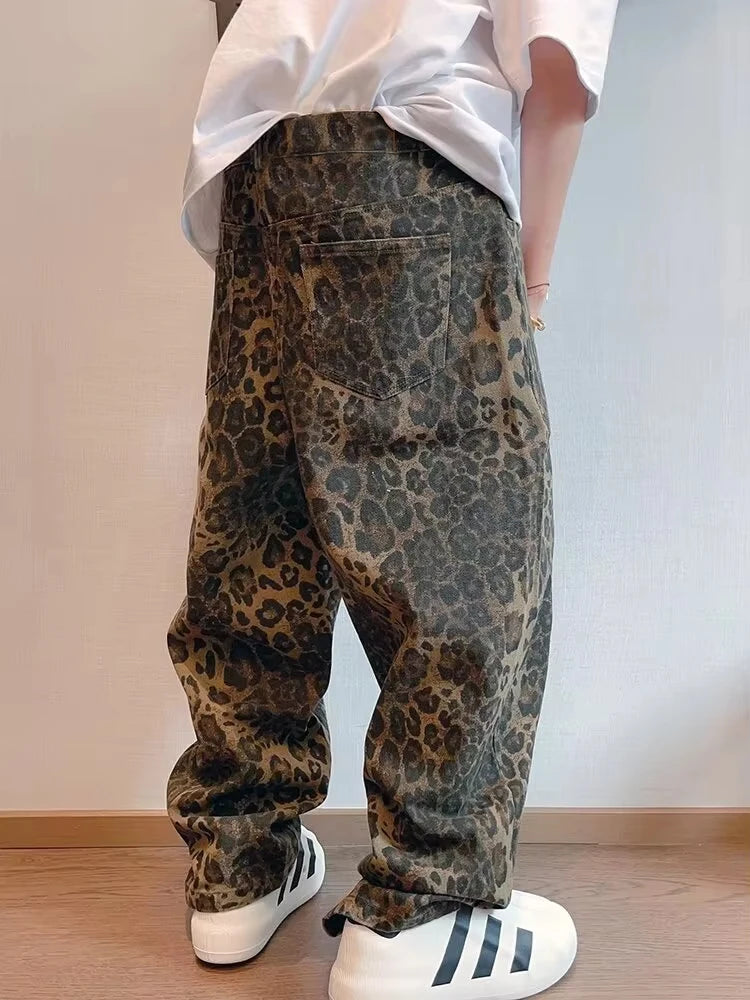 Men's Leopard Print Wide Leg Denim Jeans for Casual Everyday Wear
