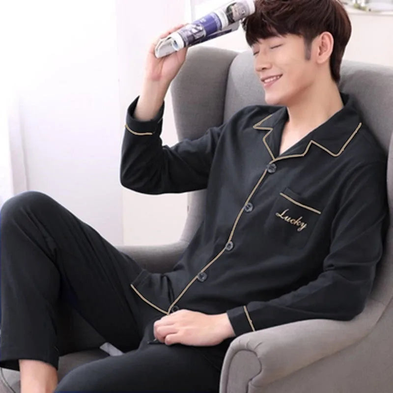 Men's Printed Button Front Long Sleeve Shirt and Pants Pajama Set